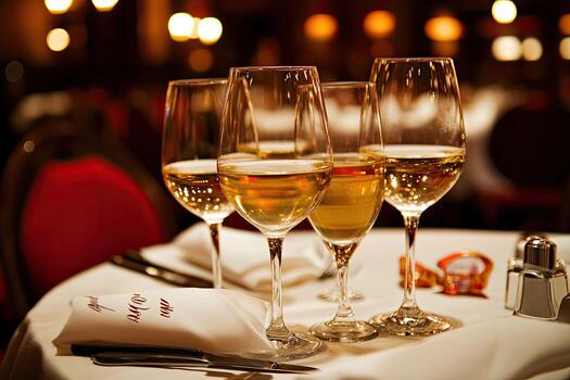 A table with four wine glasses and a napkin photo