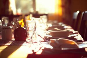 A table with a lot of dishes and glasses photo