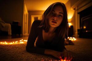 A woman laying on the floor with candles lit around her photo