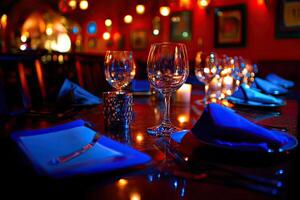 A table with a glass of wine and a napkin photo