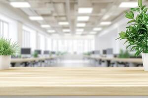 Office desk with plants and empty office space photo