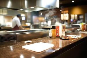 A kitchen counter with a bottle of sauce and a chef photo