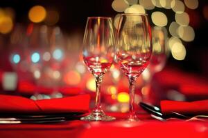 Red tablecloth with wine glasses and napkins photo