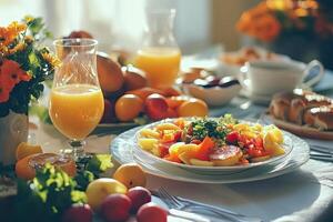 A table with a plate of food and orange juice photo