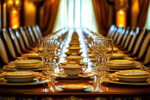 A long table with many plates and glasses photo