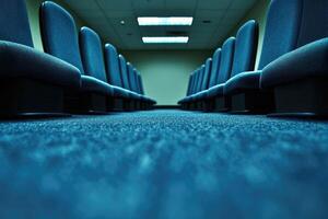 A long row of empty seats in a room photo