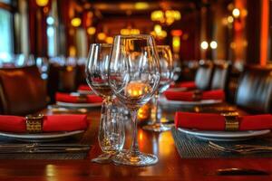 A table setting with wine glasses and place settings photo