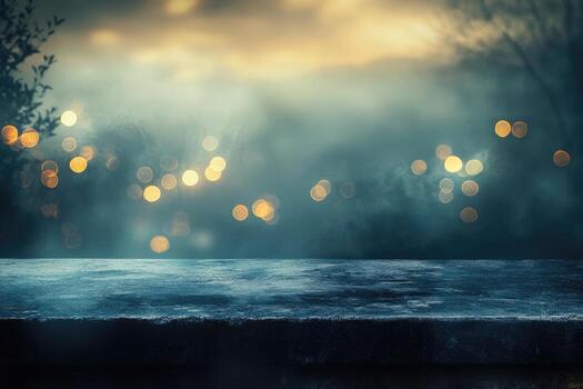 An empty concrete bench with a blurred background photo