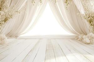 An empty room with white curtains and flowers photo