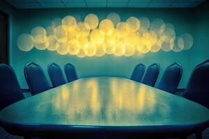 A conference table with chairs and a light bulb photo
