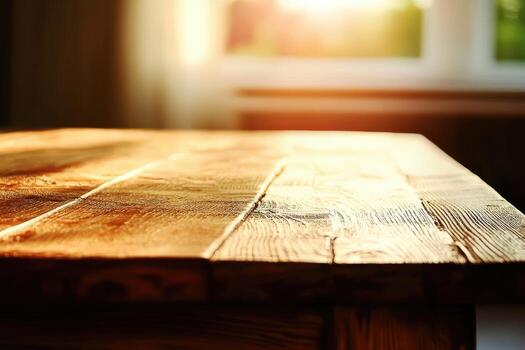 A wooden table with sunlight shining through it photo