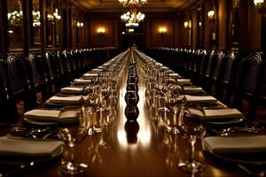 A long table with empty wine glasses and empty plates photo