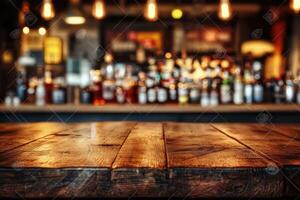 Wooden table top with bar in the background photo