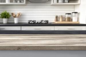 A kitchen counter with a wooden top and black counter photo