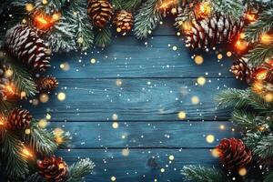 Christmas background with fir branches and pine cones on wooden background photo