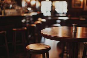 A bar with wooden tables and stools photo