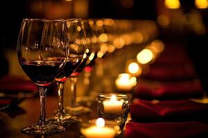 A long table with wine glasses and candles photo