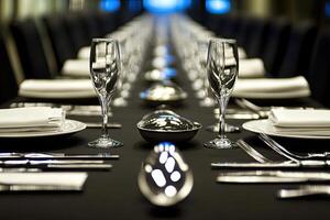A table with silverware and wine glasses photo