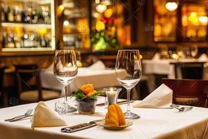 A table setting in a restaurant with two glasses and a candle photo