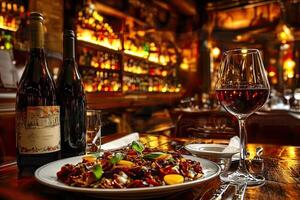 A plate of food and wine on a table photo