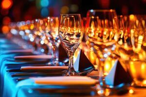 A long table with many empty wine glasses photo