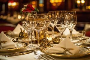 A table setting with gold and silverware photo