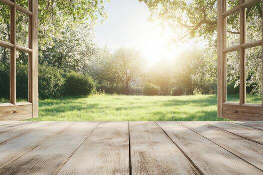 An open window with a view of a green field photo
