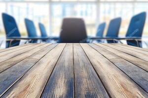 Wooden table with chairs in front of a conference room photo