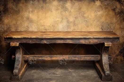An old wooden table in front of a wall photo