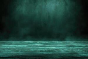 An empty room with a green wall and wooden floor photo