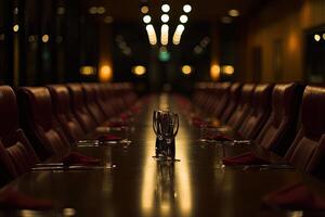 A long table with red chairs photo
