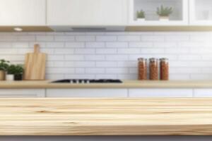 Wooden table top in kitchen with white tiles photo