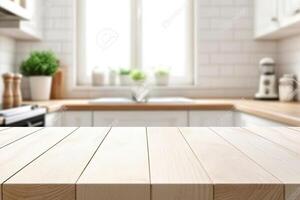 Wooden table top in kitchen with white countertops photo