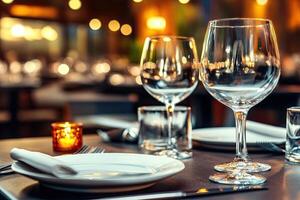 A table with empty glasses and silverware on it photo