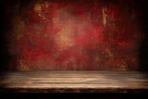 An empty wooden table in front of a red wall photo
