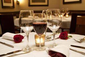 A table with wine glasses and a rose on it photo