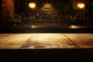 Empty wooden table in a dark room with blurred bar photo