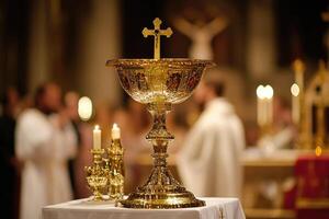 A gold chalice with a cross on top of it photo