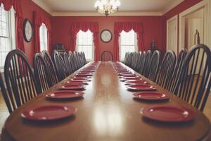 A long table with red walls and red plates photo