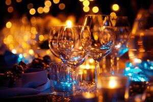 A table with many glasses and candles photo