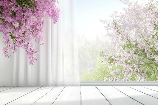 An empty room with a window and flowers photo