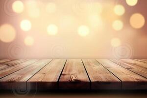 Wooden table with bokeh lights background photo
