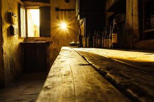 A wooden table with bottles on it photo
