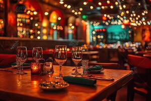A restaurant table with wine glasses and candles photo