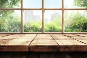 An empty wooden floor with a view of a city photo