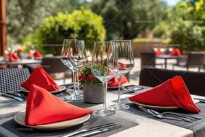 Restaurant table setting with red napkins and wine glasses photo
