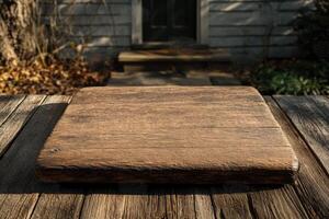 A wooden cutting board sitting on a wooden table photo