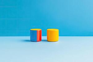 Two colorful vases sit on a blue surface photo