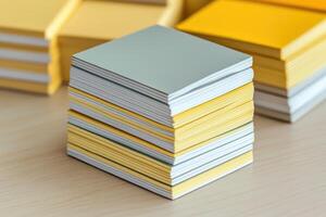 Stack of yellow and silver cards on wooden table photo