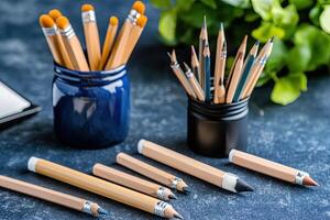 Pencils and pens in blue vases on a dark table photo